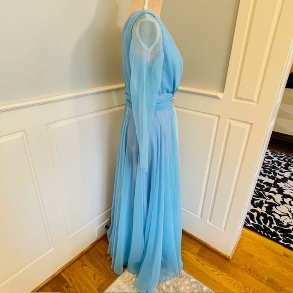 Vintage 70's Grecian Ethereal Chiffon Evening Gown Rhinestone Waist Ice Blue S - Picture 6 of 16